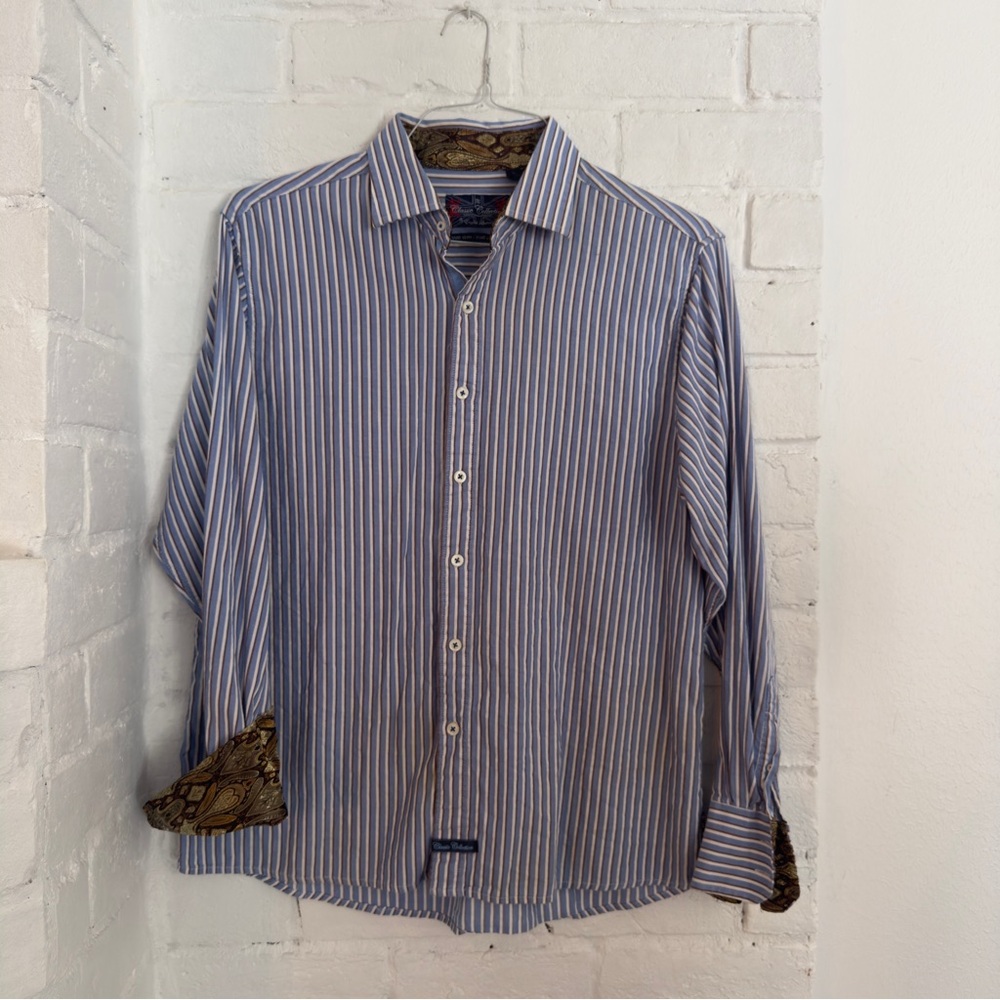 English Laundry Striped Dress Shirt XXL Blue Brown Contrast Paisley Cuffs